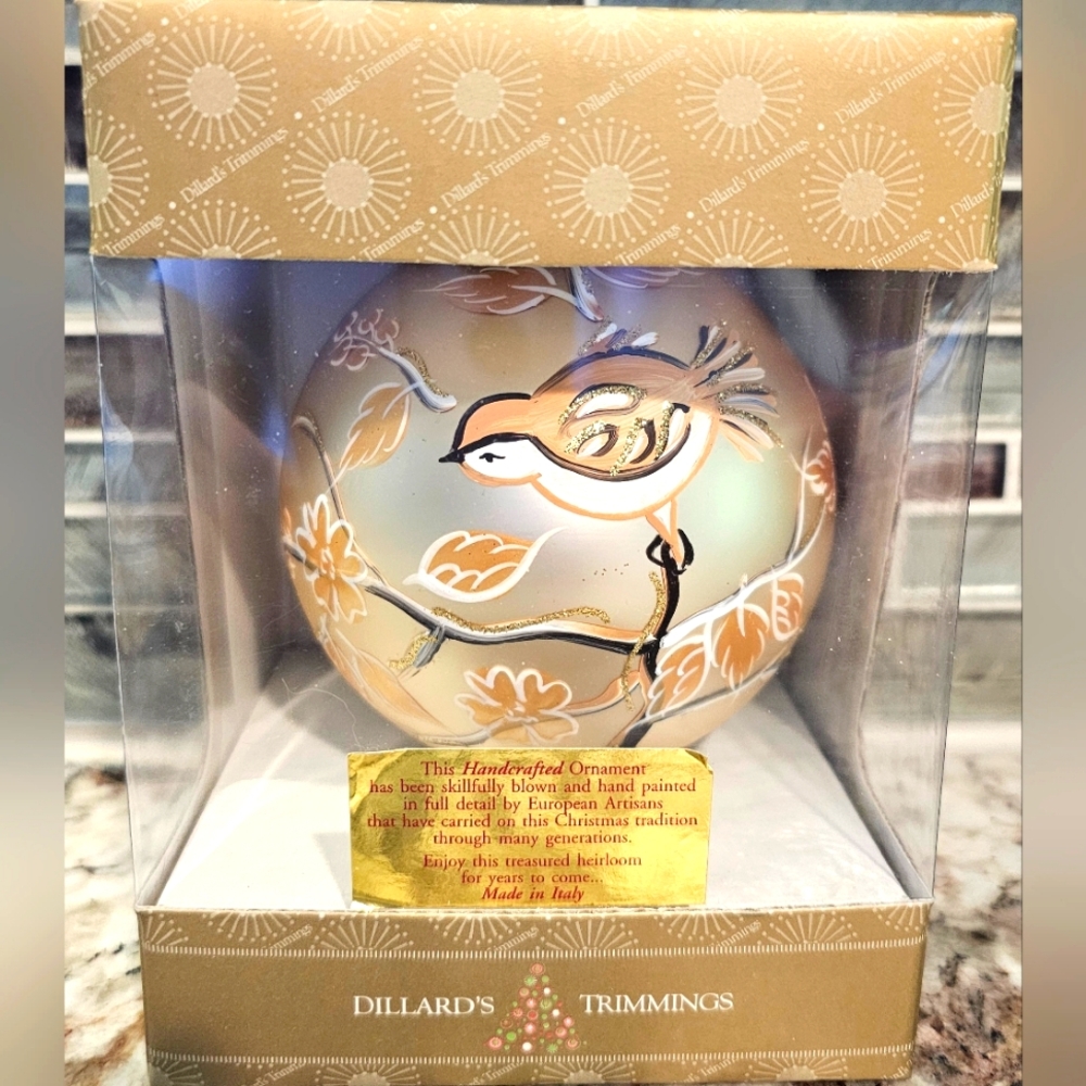 Dillard's Trimmings Glass Blown Ball Ornament Hand Painted Italy Gold Bird New